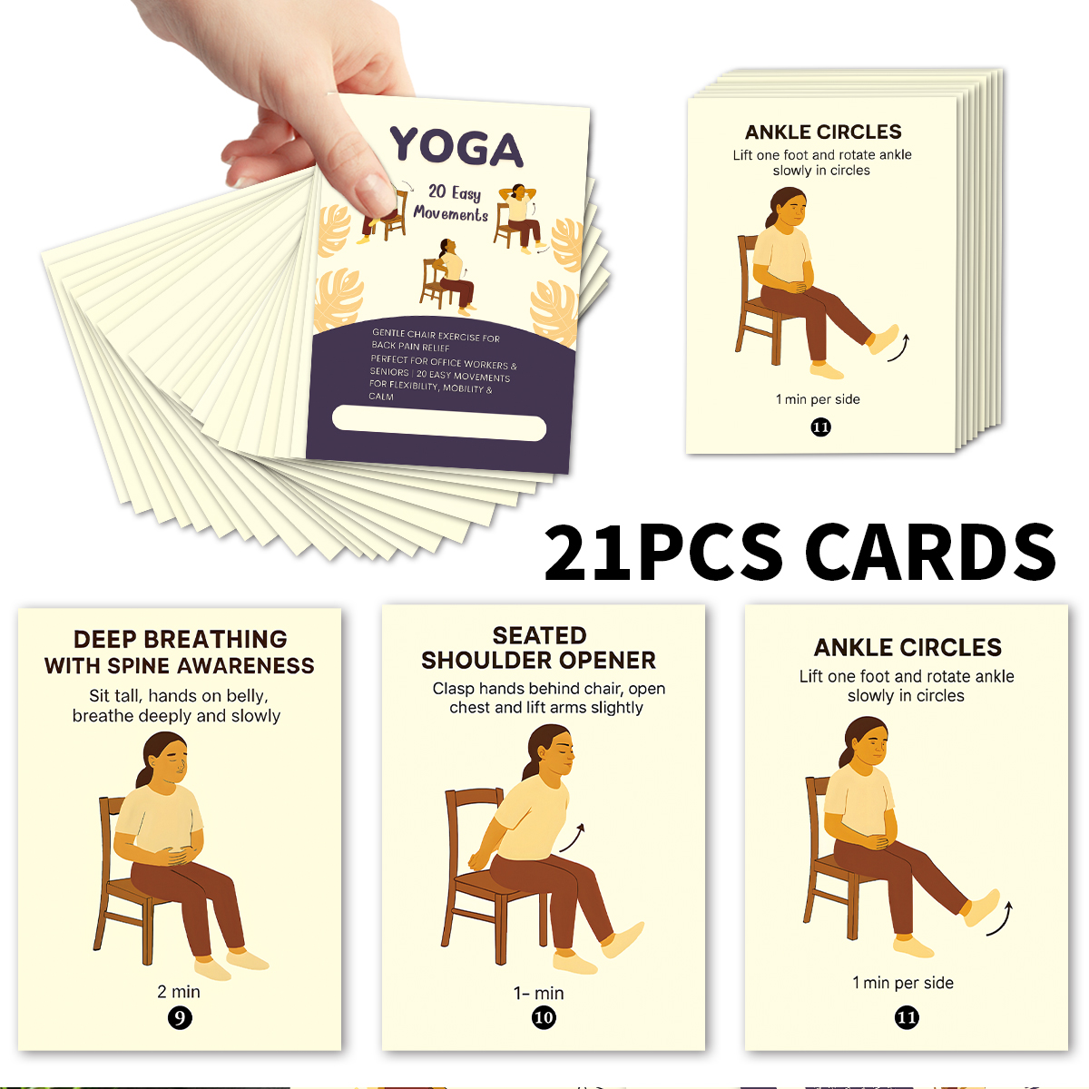 Yoga And Fitness Instructor - 21pcs Seated Yoga Cards,Easy Chair Movements